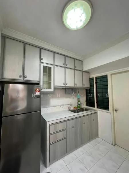 Kitchen features: grey cabinetry, stainless-steel fridge, single-bowl stainless-steel sink, chrome pull-down faucet, white tiled backsplash, white countertop, built-in cabinets, wall-mounted light fixture, white tiled flooring, window with green grilles; style: modern.