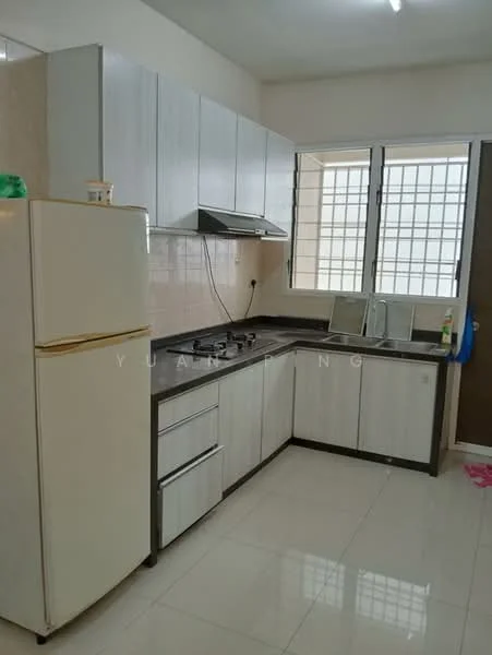 Kitchen features: white shaker cabinets, black countertop, stainless-steel sink, chrome pull-down faucet, built-in gas hob, exhaust hood, white refrigerator, tile backsplash, ceramic tile flooring, floor-to-ceiling windows, natural light, wall-mounted storage, open shelving; style: modern.