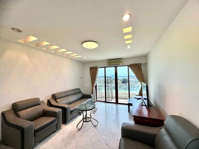 Living features: grey leather sofas, glass coffee table, TV console, wall-mounted TV, marble flooring, recessed ceiling lights, floor-to-ceiling windows, curtains, air conditioning unit; style: modern; view: city.