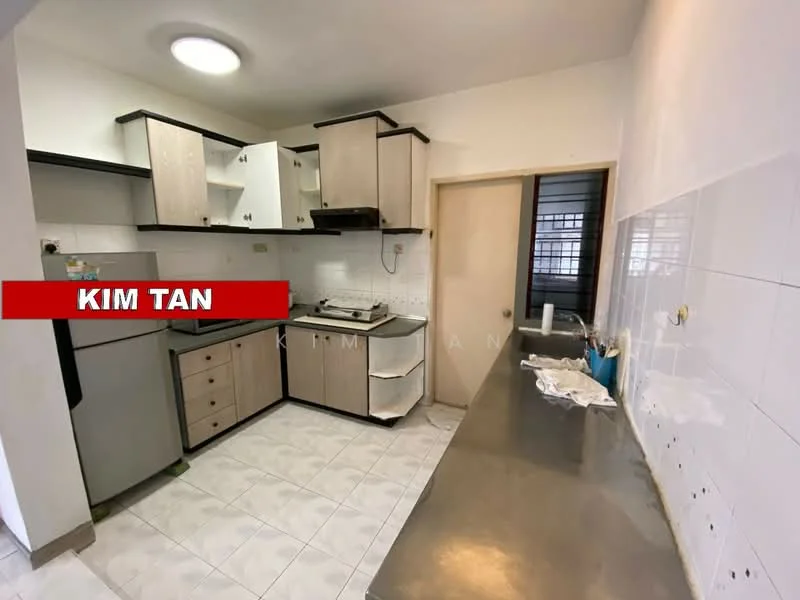 Kitchen features: L-shaped kitchen layout, light wood cabinetry, stainless-steel sink, chrome faucet, built-in gas stove, oven, refrigerator, countertop with stainless-steel finish, white tiled backsplash, white tiled flooring, overhead cabinets, window for natural light, door leading to another room; style: modern.