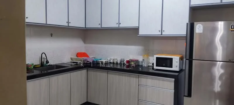 Kitchen features: single-bowl stainless-steel sink, chrome pull-down faucet, black granite countertop, light wood cabinetry, microwave, stainless-steel fridge, white tiled backsplash, kitchen utensils and dishes on countertop; style: modern.