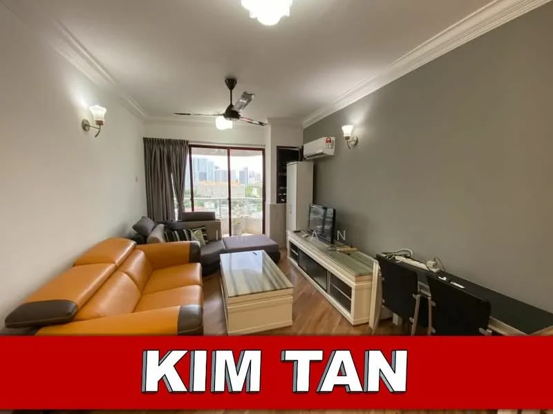 Living features: 3-seater fabric sofa in grey, 2-seater leather sofa in orange, coffee table with glass top, TV console, wall-mounted TV, ceiling fan, recessed downlights, wooden flooring, large window with city view, decorative wall sconces, air conditioning unit; style: modern; view: city.