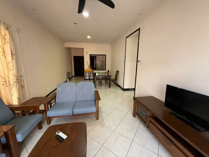 Living features: floor tiles, white painted walls, ceiling fan, 2-seater fabric sofa in grey, wooden coffee table, wooden side table, wall-mounted TV, curtains with floral pattern, dining table in background, open layout, natural light from windows; style: modern.