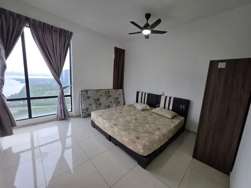 Bedroom features: queen-size bed, upholstered headboard, floor-to-ceiling windows, curtains, ceiling fan with light, white painted walls, tile flooring, wooden wardrobe; style: modern; view: city.