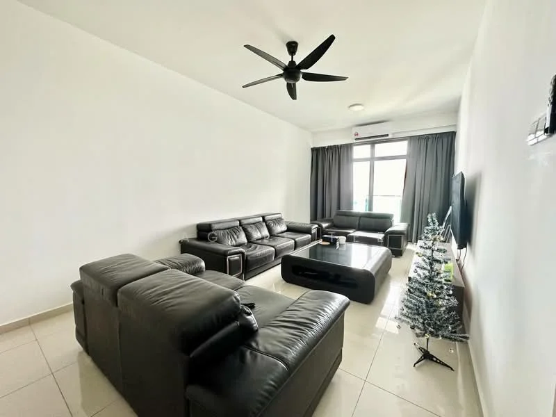 Living features: 5-blade ceiling fan with light, 3-seater leather sofa in black, 2-seater leather sofa in black, coffee table with black surface, wall-mounted TV, floor-to-ceiling windows, grey curtains, white painted walls, glossy tile flooring, decorative Christmas tree; style: modern.