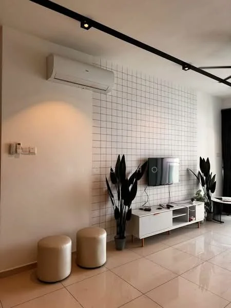 Living features: white painted walls, grid-patterned accent wall, polished ceramic tile flooring, wall-mounted TV, white TV console, two round stools in silver, indoor plants in pots, wall-mounted split AC, recessed downlights, black ceiling beams; style: modern.