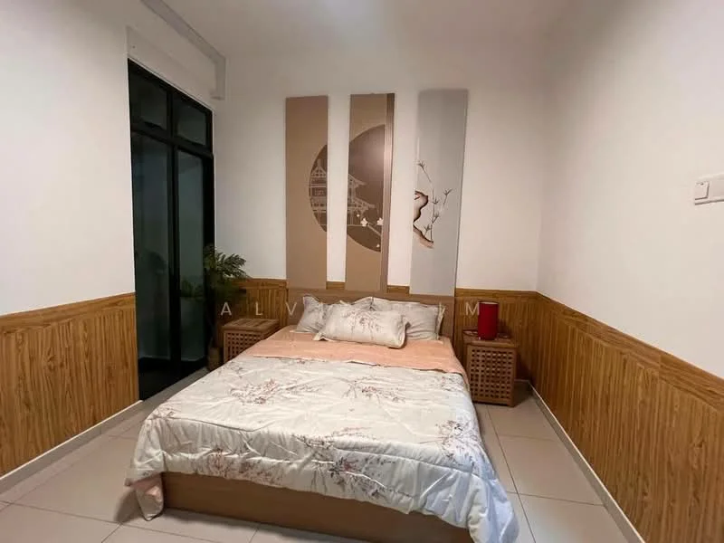 Bedroom features: queen-size bed with floral bedding, wooden accent wall, white painted walls, tile flooring, floor-to-ceiling windows, curtains, decorative wall art, nightstands, indoor plant; style: modern.