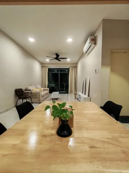 Living features: light grey painted walls, white ceiling, 5-blade ceiling fan with light, recessed LED downlights, floor-to-ceiling windows, curtains, sofa in beige, coffee table, TV console, wall-mounted TV, area rug, air conditioning unit; style: modern; view: garden. Dining features: wood dining table, black dining chairs, decorative plant in vase; style: modern.