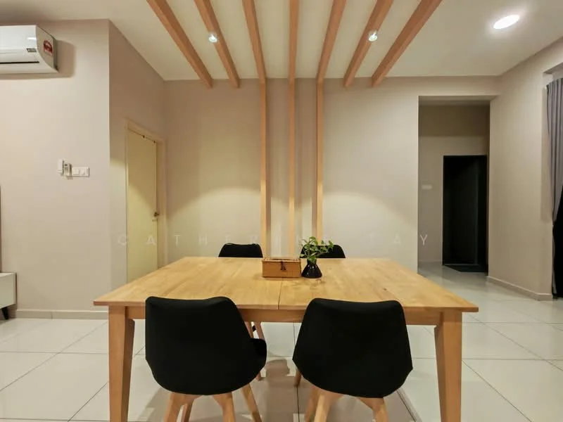Dining features: wooden dining table, 4 black dining chairs, white tiled flooring, light grey painted walls, exposed wooden beams on ceiling, recessed downlights, air conditioning unit on wall, doorway leading to another room; style: modern.