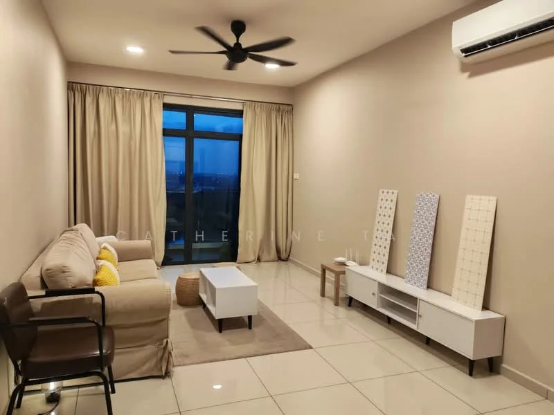 Living features: 3-seater fabric sofa in beige, coffee table, TV console, wall-mounted TV, area rug, floor-to-ceiling windows, sheer curtains, ceiling fan, wall-mounted air conditioning unit, light-colored painted walls, glossy tile flooring; style: modern; view: city.