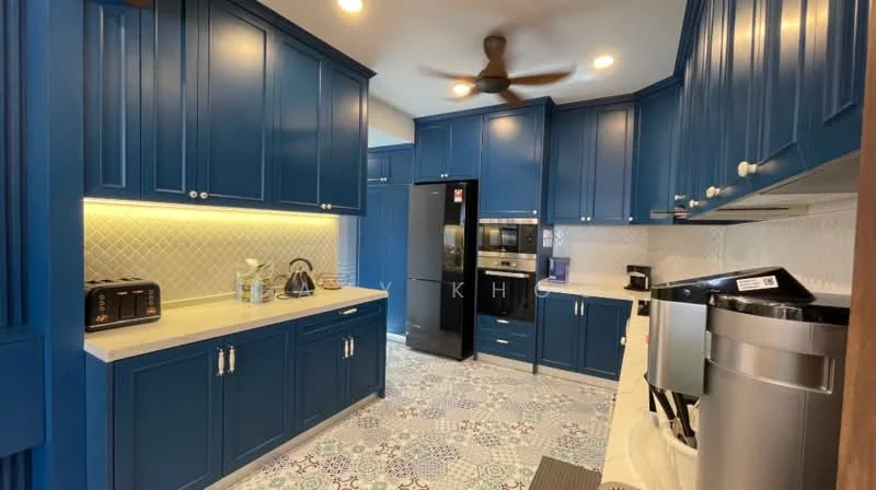 Kitchen features: blue cabinetry, white quartz countertop, hexagonal tile backsplash, stainless-steel built-in oven, black refrigerator, toaster, coffee machine, dishwasher, 5-blade ceiling fan, decorative light fixture, colorful patterned floor tiles, double-bowl stainless-steel sink, chrome pull-down faucet; style: modern.
