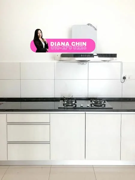 Kitchen features: white cabinets, black granite countertop, built-in gas hob with two burners, stainless-steel range hood, white tiled backsplash, ceramic tile flooring, single-bowl stainless-steel sink, drawer storage; style: modern.