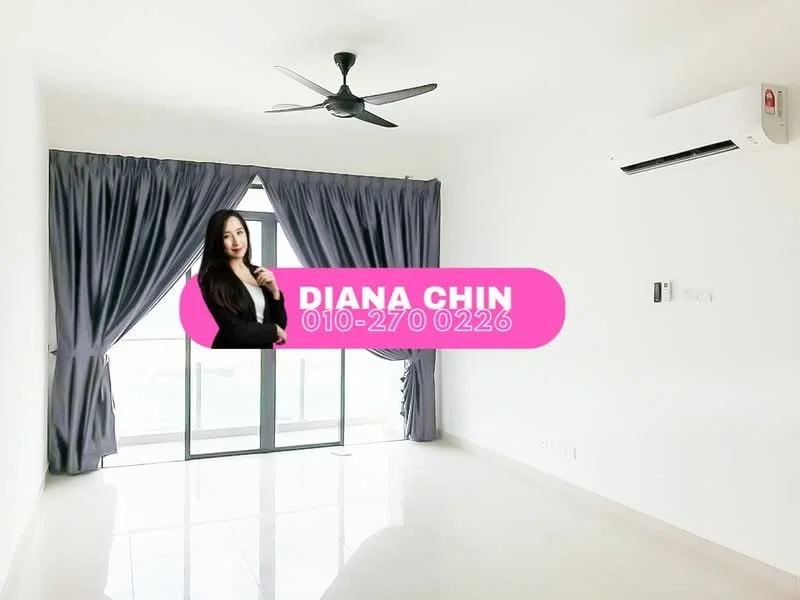 Room features: white painted walls, polished tile flooring, 5-blade ceiling fan, floor-to-ceiling windows, sliding glass door, grey curtains, air conditioning unit on wall.