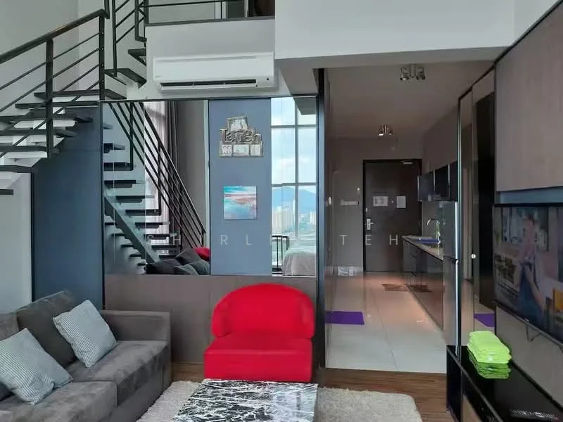 Living features: 3-seater fabric sofa in grey, red accent chair, coffee table with marble top, wall-mounted TV, TV console, area rug, floor-to-ceiling windows, wood flooring, recessed downlights, ceiling-mounted air conditioning unit; style: modern; view: city. Kitchen features: open kitchen layout, kitchen cabinets in dark wood, stainless-steel sink, built-in oven, stainless-steel range hood, 4-burner gas hob, refrigerator, tile flooring, pendant lighting; style: modern; view: city.