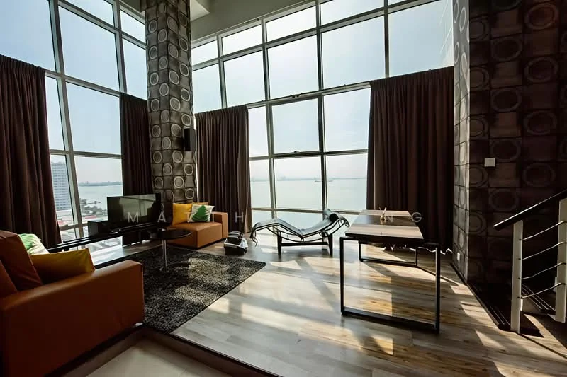 Living features: floor-to-ceiling windows, brown curtains, grey area rug, 3-seater fabric sofa in orange, wooden coffee table, TV console, decorative cushions in green and yellow, wooden flooring, metal railing, city view; style: modern; view: sea.