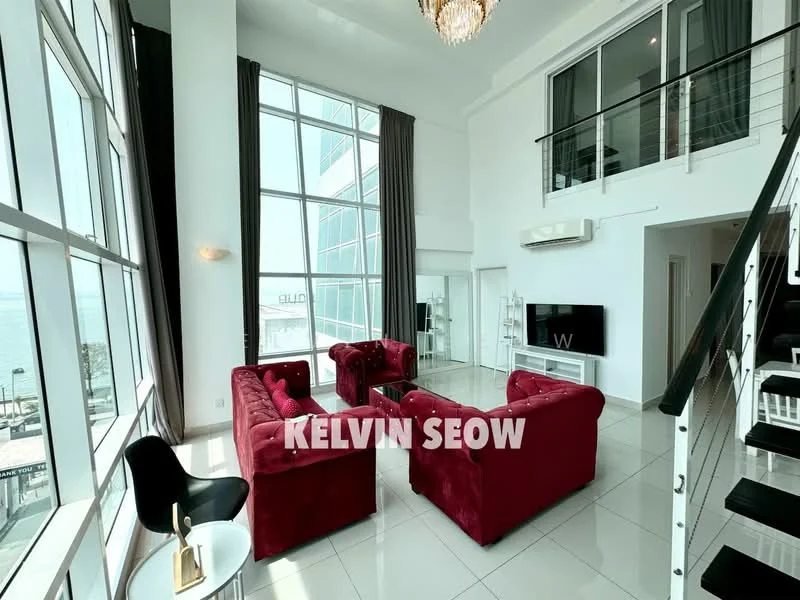 Living features: floor-to-ceiling windows, white walls, grey tiled flooring, chandelier, 2 red velvet sofas, glass coffee table, TV console, air conditioning unit, curtains, open space layout, staircase with metal railing; style: modern; view: sea.