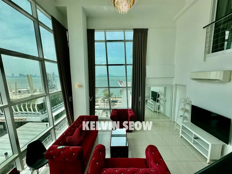 Living features: floor-to-ceiling windows, white painted walls, cream tiled flooring, chandelier, 2 red velvet sofas, black coffee table, TV console, wall-mounted TV, air conditioning unit, curtains, decorative mirror; style: modern; view: sea.