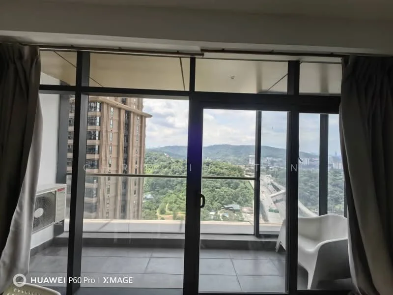 Room features: floor-to-ceiling windows, sliding glass door, grey tiled flooring, curtains, air conditioning unit, white chair, mountain view, city view; style: modern; view: mountain.