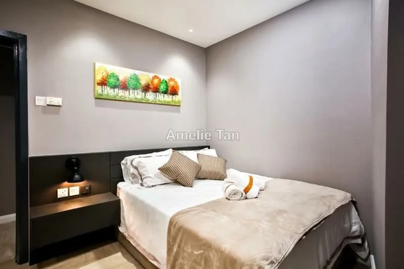 Bedroom features: queen-size bed, upholstered headboard, bedside lamps, wall-mounted artwork with trees, grey painted walls, wooden flooring, nightstand with drawer, decorative throw pillows, towel rolled on bed; style: modern.
