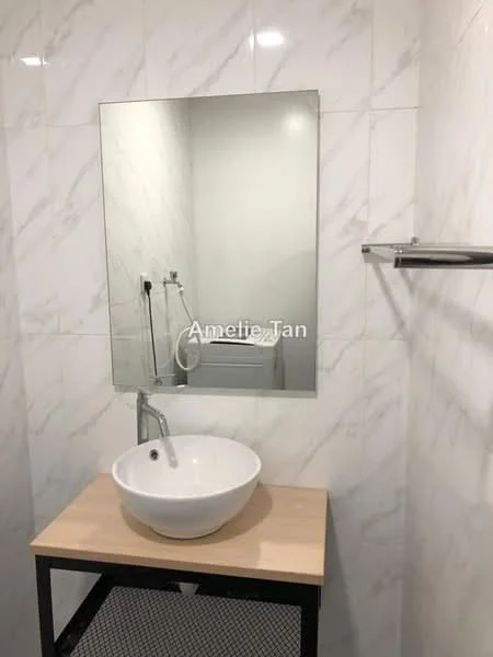 Bathroom features: white ceramic vessel sink, chrome faucet, wooden countertop, white marble tile walls, mirror above sink, towel rack, shower hose, washing machine connection; style: modern.
