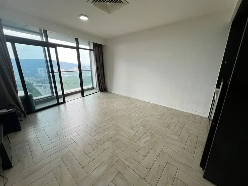 Living features: large floor-to-ceiling windows, mountain view, light-colored herringbone patterned flooring, white painted walls, recessed ceiling lights, curtains, air conditioning unit, open layout; style: modern; view: mountain.