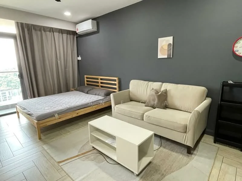 Living features: grey accent wall, light wood flooring, sofa in cream fabric, coffee table in white, bed with wooden frame, floor-to-ceiling window with sheer curtains, wall-mounted split AC, decorative wall art, clock on wall, area rug with geometric pattern; style: modern.