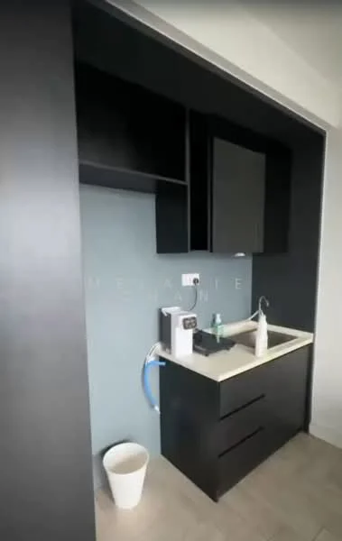 Laundry features: black cabinetry, white countertop, sink, built-in shelves, grey accent wall, flooring with light tiles, white waste bin, appliance space for washing machine, water supply line; style: modern.