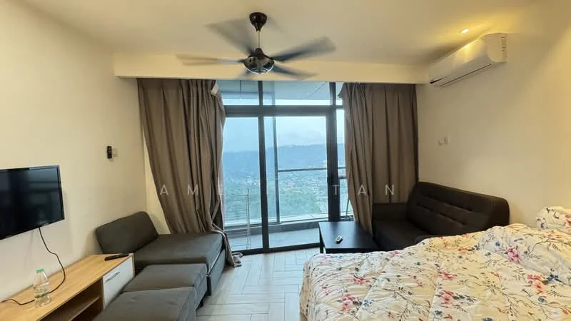 Living features: floor-to-ceiling windows, grey fabric sofa, 2-seater sofa, coffee table, wall-mounted TV, ceiling fan, curtains, wooden flooring, air conditioning unit, decorative bedspread; style: modern; view: city.