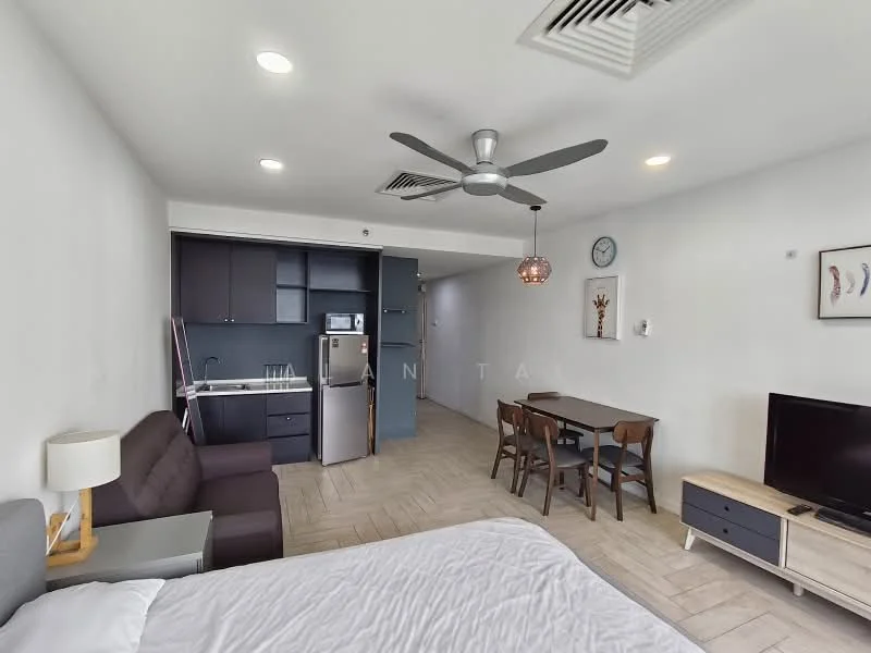 Living features: queen-size bed, sofa bed in dark grey, wood dining table for four, four wooden dining chairs, wall-mounted TV, refrigerator, built-in kitchen cabinetry in dark color, ceiling fan with light, wall clock, light-colored tiled flooring, white painted walls, window with natural light; style: modern.