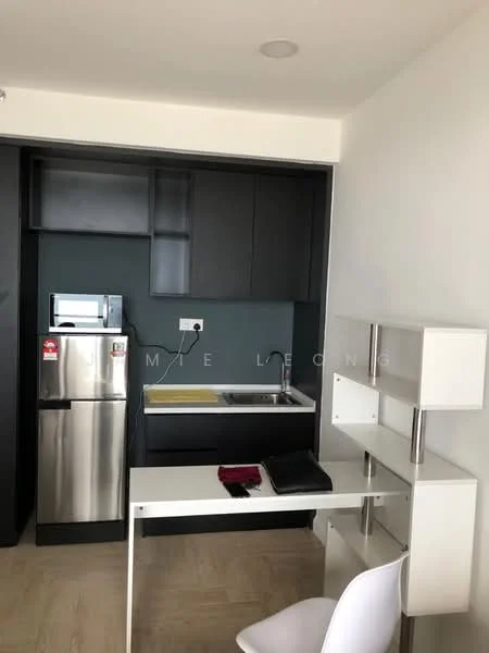 Kitchen features: stainless-steel fridge, single-bowl stainless-steel sink, chrome pull-down faucet, black cabinetry, grey accent wall, white countertop, built-in kitchen cabinets, tile flooring, desk with white finish, office chair; style: modern.