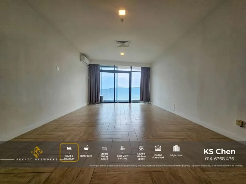 Room features: large floor-to-ceiling windows, wooden flooring, neutral wall color, air conditioning unit, recessed ceiling lights, curtains, open space layout, view of the sea; style: modern; view: sea.