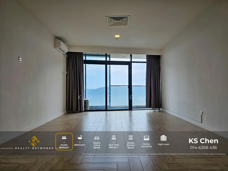 Room features: large floor-to-ceiling windows, grey curtains, wooden flooring, air conditioning unit, neutral wall color, open space layout, no visible furniture, mountain view, recessed ceiling lights; style: modern; view: mountain.