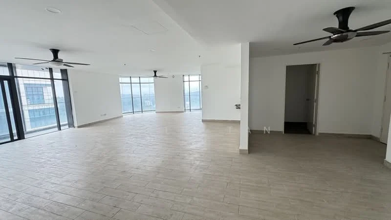 Room features: large open space, floor-to-ceiling windows, light-colored tile flooring, white painted walls, 2 ceiling fans, neutral color scheme, no visible furniture, natural light, corner room with views; style: modern; view: city.