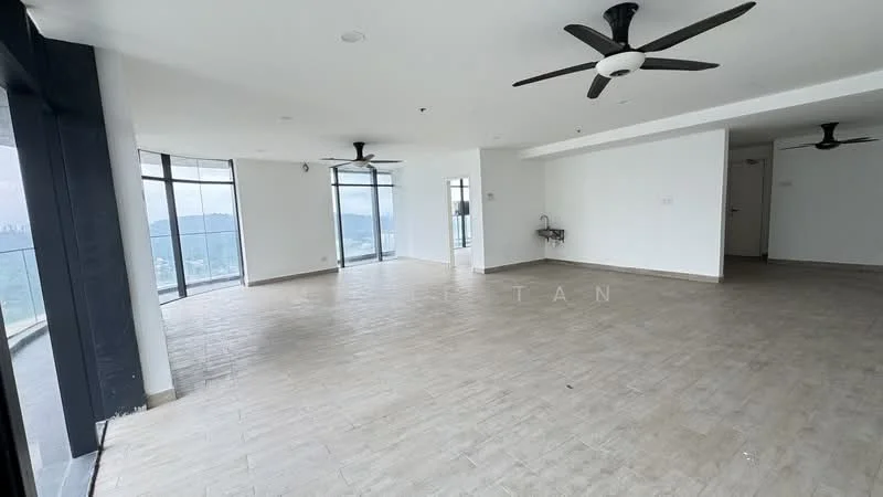 Living features: large floor-to-ceiling windows, 2 ceiling fans, light-colored tiled flooring, white painted walls, open layout, mountain view, corner unit, recessed lighting; style: modern; view: mountain.