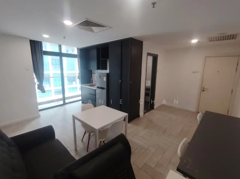 Living features: black fabric sofa, white dining table, white plastic chairs, floor-to-ceiling windows, light wood flooring, recessed downlights, kitchenette with black cabinetry, stainless-steel fridge, built-in oven, microwave, kitchen countertop, open layout; style: modern; view: city. Room features: light wood flooring, white walls, air conditioning unit, door to hallway.