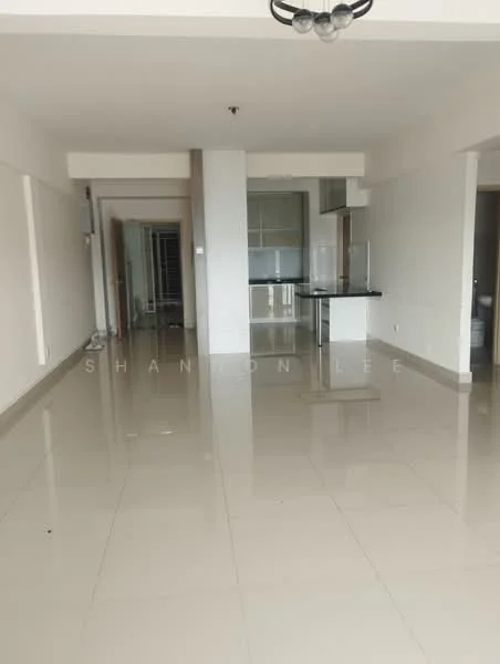 Living features: glossy ceramic tile flooring, white painted walls, recessed downlights, open layout, large windows, kitchen island with countertop, neutral color palette, ceiling light fixture; style: modern. Room features: white painted walls, glossy ceramic tile flooring, open layout, doorway leading to other rooms.