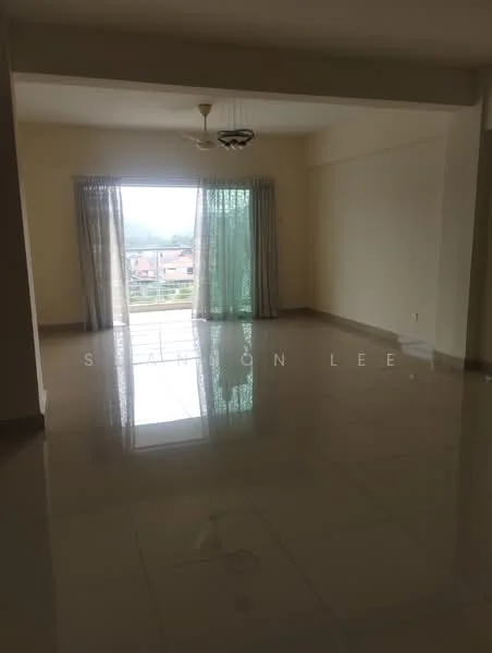 Living features: cream painted walls, glossy tile flooring, 5-blade ceiling fan with light, floor-to-ceiling windows, sheer curtains, sliding glass door, natural light from windows, open layout; style: modern; view: garden.
