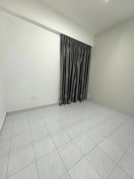 Room features: light grey painted walls, white ceiling, grey curtain, white tiled flooring, no visible furniture, minimal decor, single window, neutral color scheme; style: minimalist.