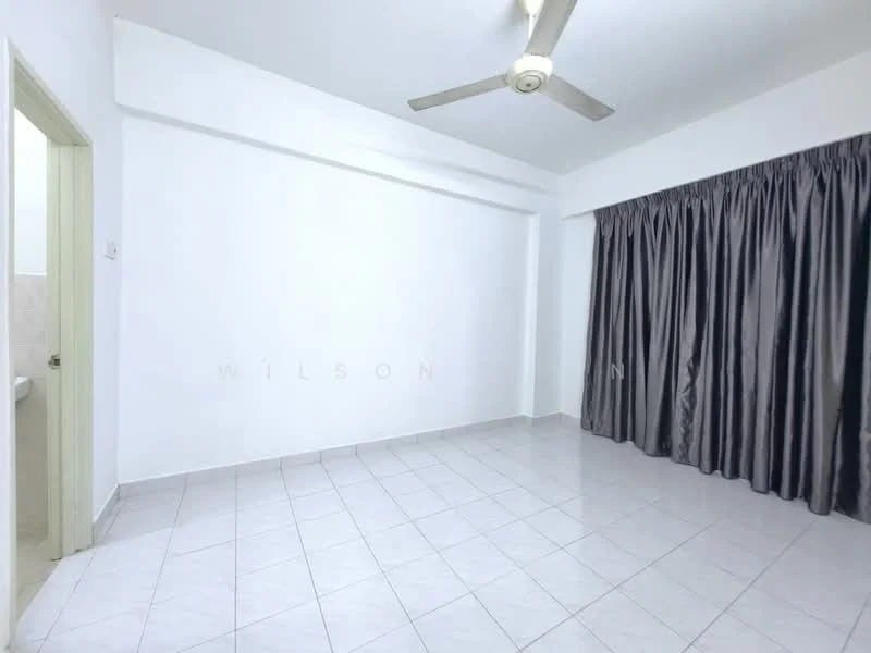 Room features: white painted walls, grey curtains, white ceiling, ceiling fan, ceramic tile flooring, no visible furniture, light switch, doorway to bathroom, neutral color scheme; style: minimalist.