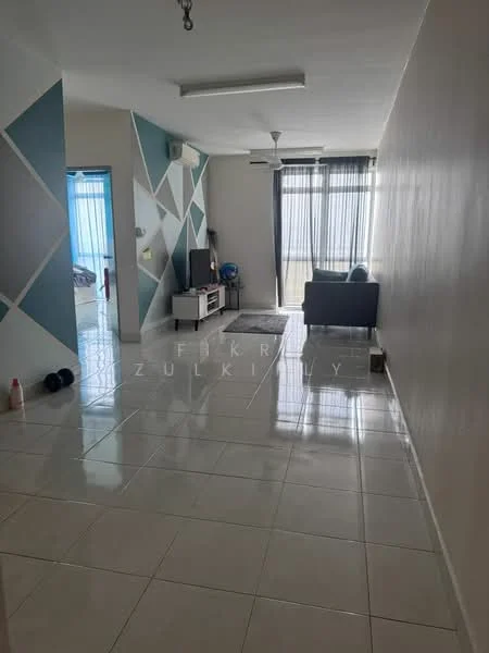 Living features: white painted walls, geometric accent wall in blue and grey, glossy tile flooring, 5-blade ceiling fan, large windows with sheer curtains, sofa, TV console, wall-mounted TV, decorative items on console, light fixture on ceiling; style: modern; view: city. Room features: doorway leading to another room, visible hallway, light from windows.