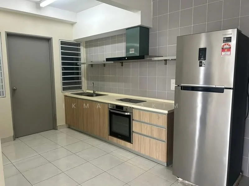 Kitchen features: laminate cabinetry in light wood finish, grey tiled backsplash, stainless-steel single-bowl sink, chrome pull-down faucet, built-in oven, 4-burner gas hob, stainless-steel fridge, open shelving above countertop, white walls, ceramic tile flooring, window with security bars; style: modern.