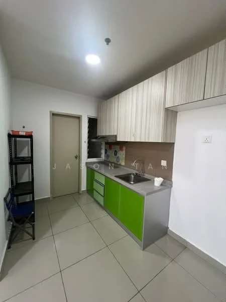 Kitchen features: green cabinetry, light wood upper cabinets, grey countertop, single-bowl stainless-steel sink, chrome pull-down faucet, tile backsplash with colorful pattern, built-in microwave, stainless-steel refrigerator, ceramic tile flooring, recessed lighting, wall-mounted cabinet, open shelving, door to hallway; style: modern.