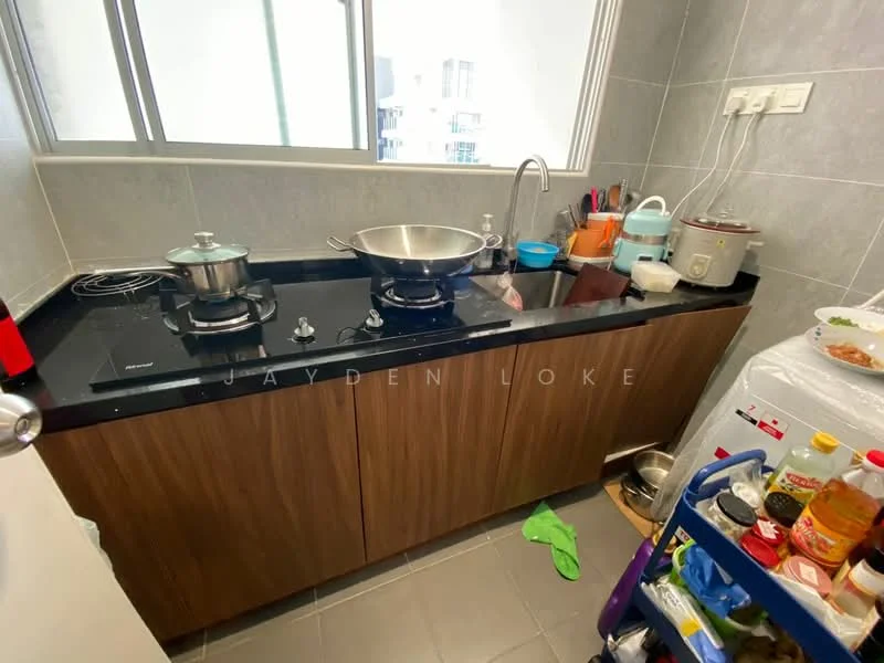 Kitchen features: black granite countertop, wood cabinetry, stainless-steel gas hob, stainless-steel pot, stainless-steel frying pan, kettle, rice cooker, refrigerator, grey tiled flooring, wall-mounted cabinets, sink with faucet, cooking utensils, colorful storage containers; style: modern.