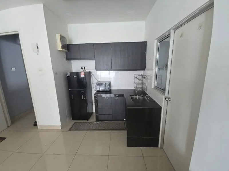 Kitchen features: black cabinetry, stainless-steel fridge, built-in oven, black countertop, ceramic tile flooring, grey wall, single-bowl stainless-steel sink, chrome pull-down faucet, kitchen island, window above sink; style: modern.