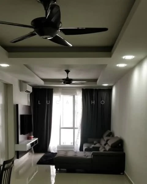 Living features: 2-seater fabric sofa in grey, black area rug, wall-mounted TV, TV console, 5-blade ceiling fan with light, recessed LED downlights, floor-to-ceiling windows, sheer curtains, dark grey curtains, cream painted walls, polished tile flooring, open layout to dining area; style: modern; view: city.