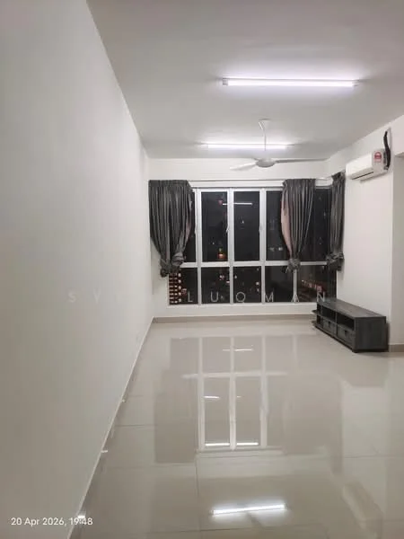Living features: white painted walls, glossy ceramic tile flooring, 5-blade ceiling fan, floor-to-ceiling windows, blackout curtains, sliding glass door, TV console, air conditioning unit; style: modern; view: city.
