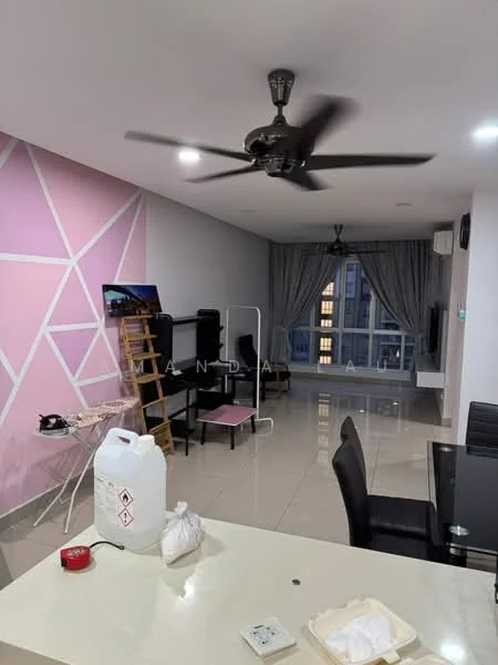 Living features: 5-blade ceiling fan with light, grey painted walls, pink accent wall with geometric pattern, floor-to-ceiling windows, curtains, ceramic tile flooring, black dining chairs, black dining table, TV console, wall-mounted TV, folding drying rack; style: modern; view: city.