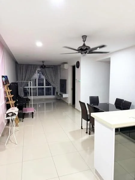 Living features: white painted walls, glossy ceramic tile flooring, 5-blade ceiling fan with light, floor-to-ceiling windows, grey curtains, black dining table with chairs, TV console, open layout, air conditioning unit; style: modern; view: city.
