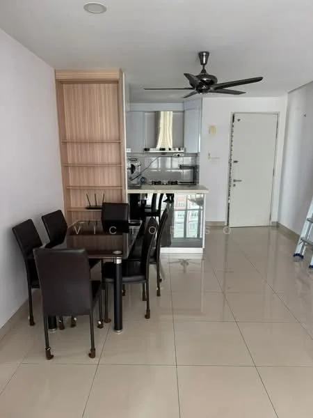 Dining features: 6-seater dining table, black upholstered dining chairs, glossy tile flooring, ceiling fan, open shelving unit, white painted walls, glass partition, kitchen visible in background; style: modern.
