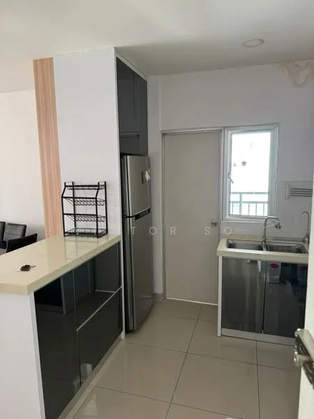 Kitchen features: grey cabinetry, white countertop, stainless-steel fridge, double-bowl stainless-steel sink, chrome pull-down faucet, ceramic tile flooring, white walls, window with view, open shelving, built-in cabinets; style: modern; view: city.